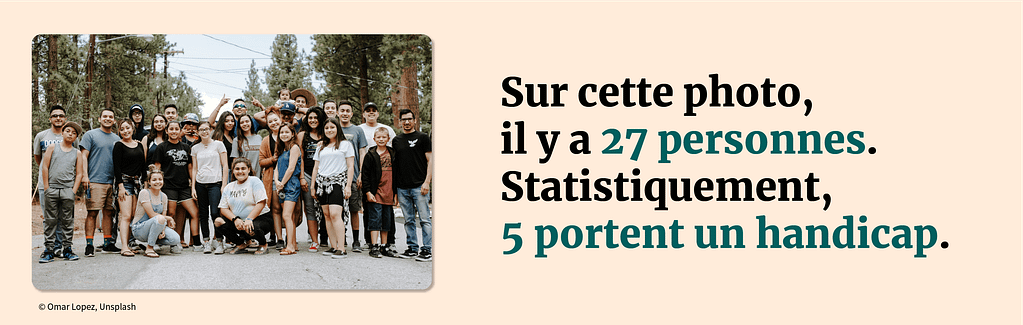 Une image de groupe se trouve à gauche et à droite on peut lire  “sur cette photo il y a 27 personnes. Statistiquement, 5 portent un handicap”.