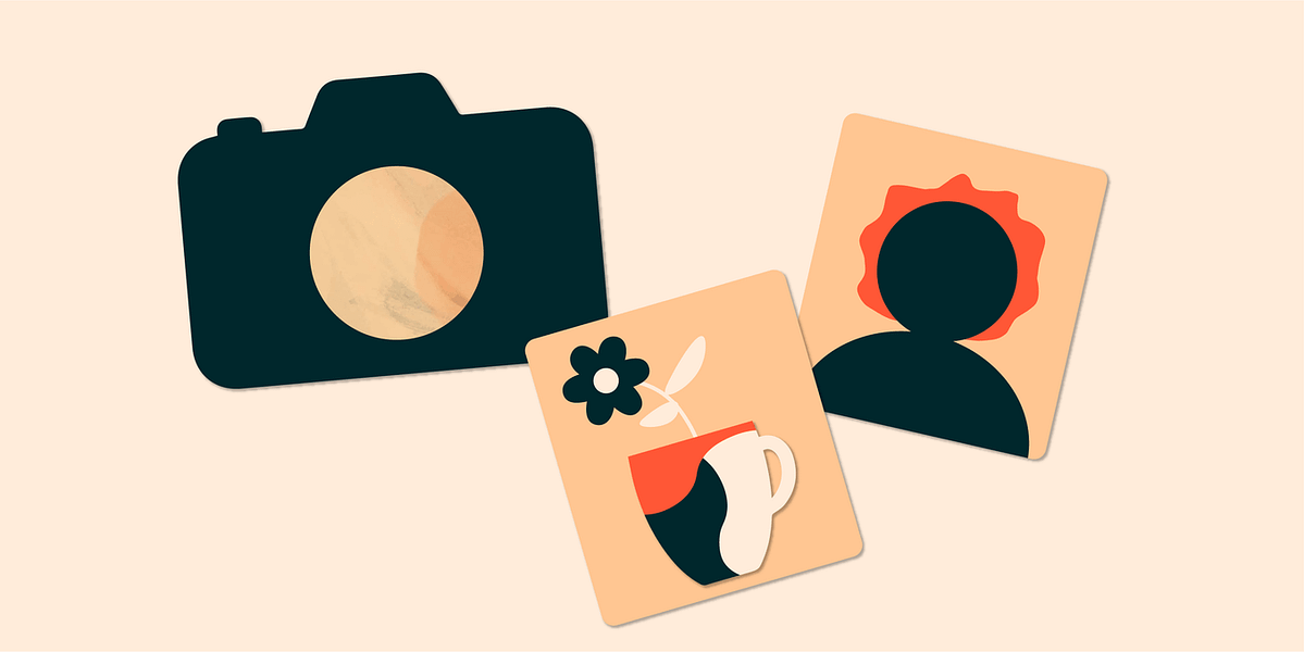 Illustration de l'article de blog : sur un fond beige se trouvent un appareil photo et deux clichés. Le premier est le portrait d’une personne et le second montre une tasse dans laquelle il y a une fleur.
