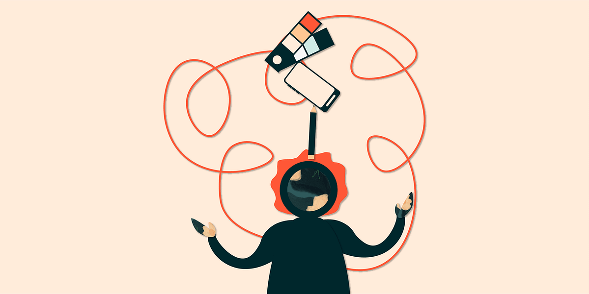 Illustration de l'article : une personne place en équilibre sur sa tête une crayon, un téléphone et un nuancier de couleurs.