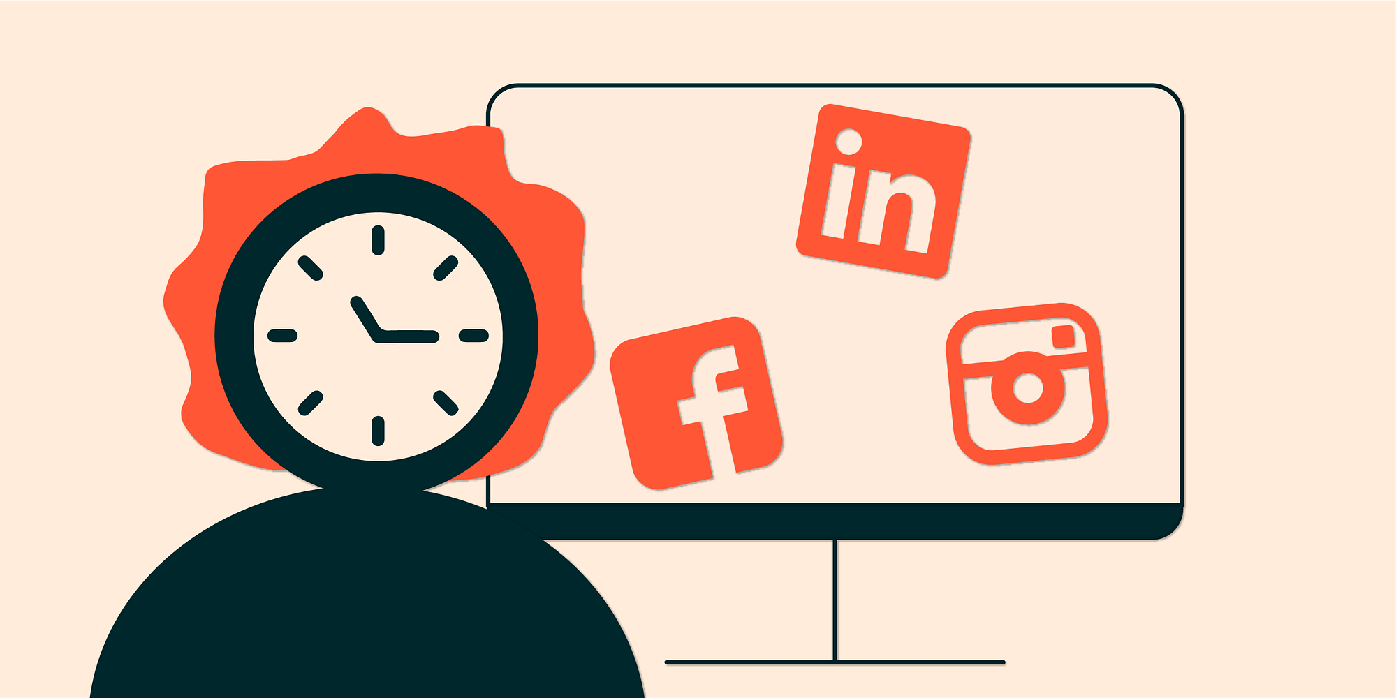 Illustration de l'article : une personne dont la tête est une horloge est devant un écran d'ordinateur. Sur cet écran se trouvent le logo de LinkedIn, Facebook et Instagram.